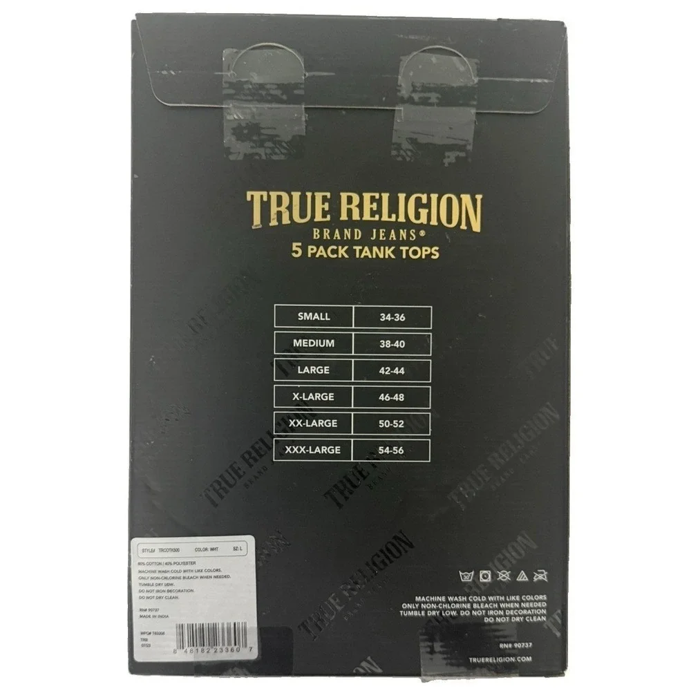 True Religion Men's Tank Tops 5 pack White Size L 42-44 Ribbed with Logo New